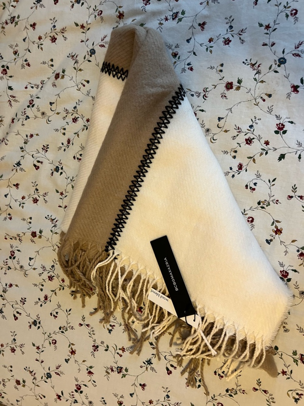 BCBGMaxAzria Beige and Cream Wool-Blend Fringe Scarf